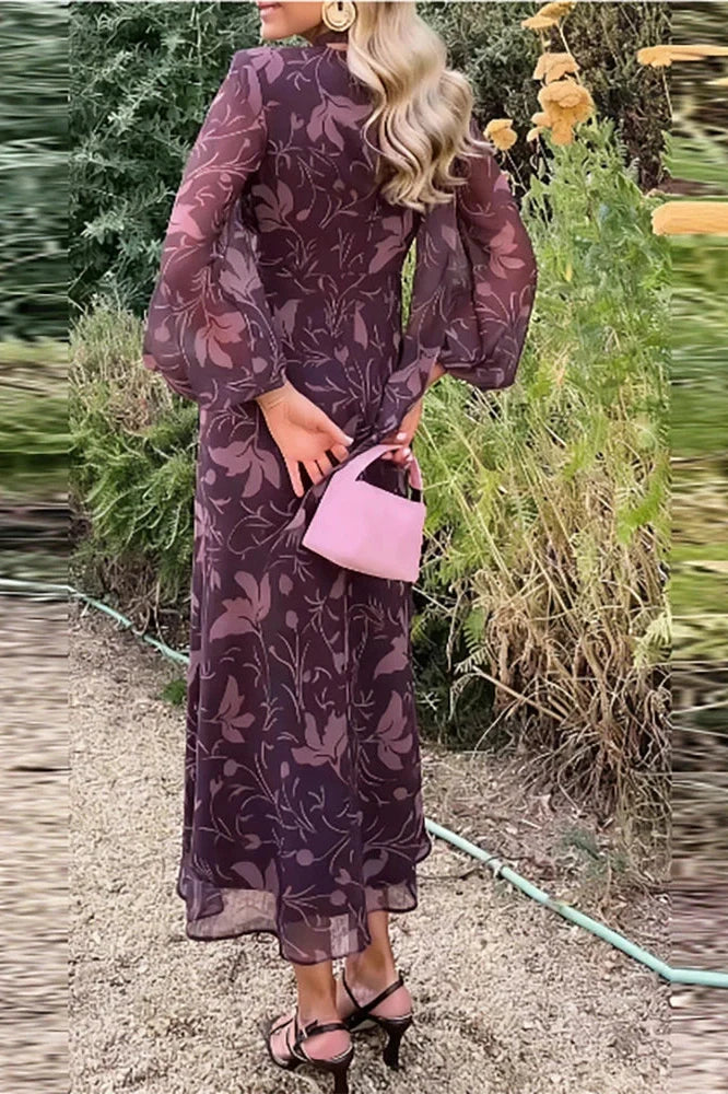 V-Neck Printed Long Sleeve Pleated Slim Midi Dress