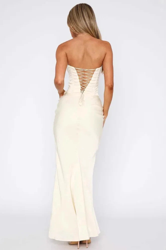 Off-Shoulder Strapless Sleeveless Backless Lace-Up Bodycon Maxi Dress