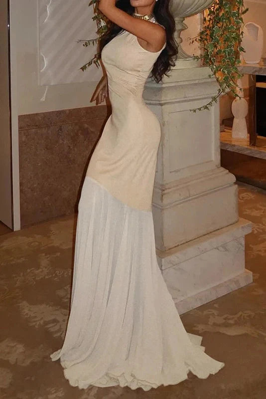 O-Neck Sleeveless Pleated High Waist Maxi Dress