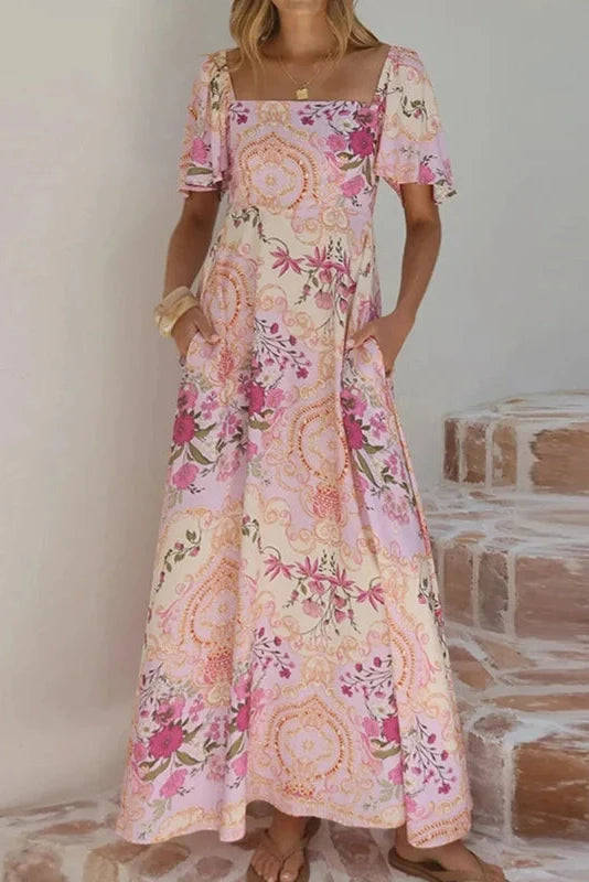 Square Collar Backless High Waist Pleated Printed Maxi Dress