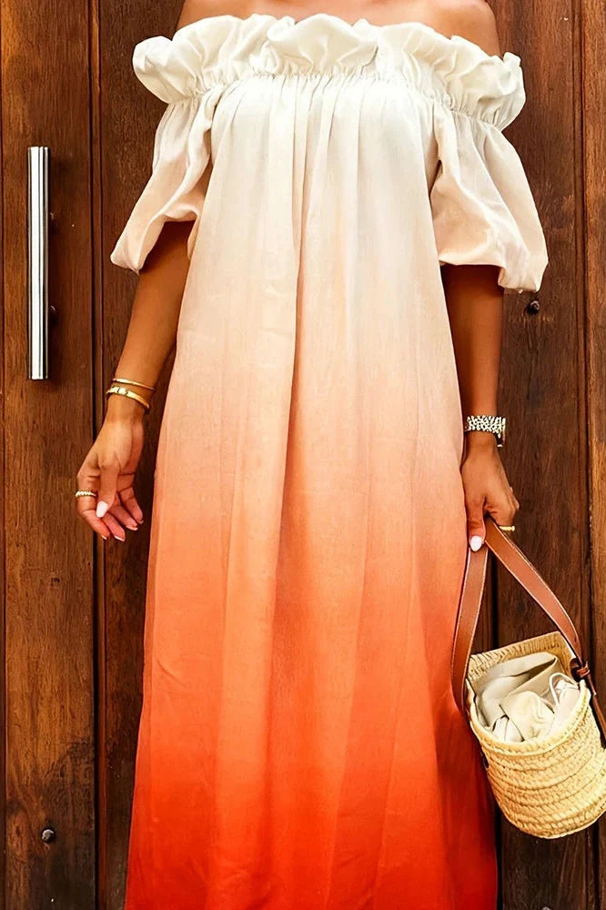 Off-Shoulder Pleated Loose Slash Collar Printed Maxi Dress
