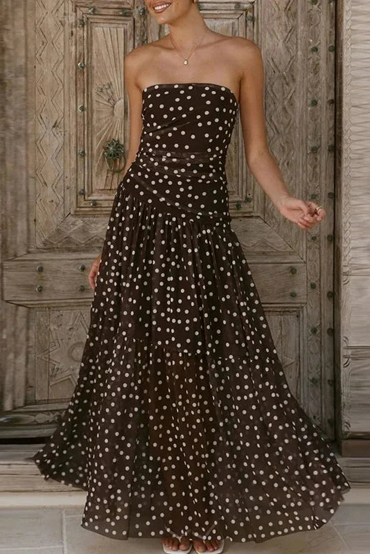 Sleeveless Pleated Printed Off-Shoulder Maxi Dress