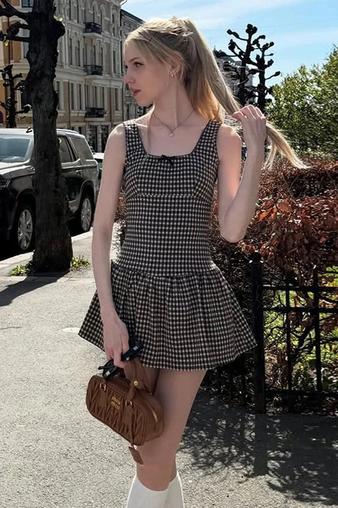 Plaid Printed Square Collar A-Line Sleeveless High Waist Mini Dress