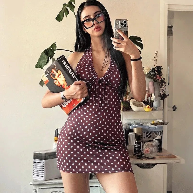 Polka Dot Lace-Up Mini Dress