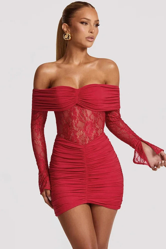 Off-Shoulder Strapless Lace See Through Long Sleeve Mini Dress
