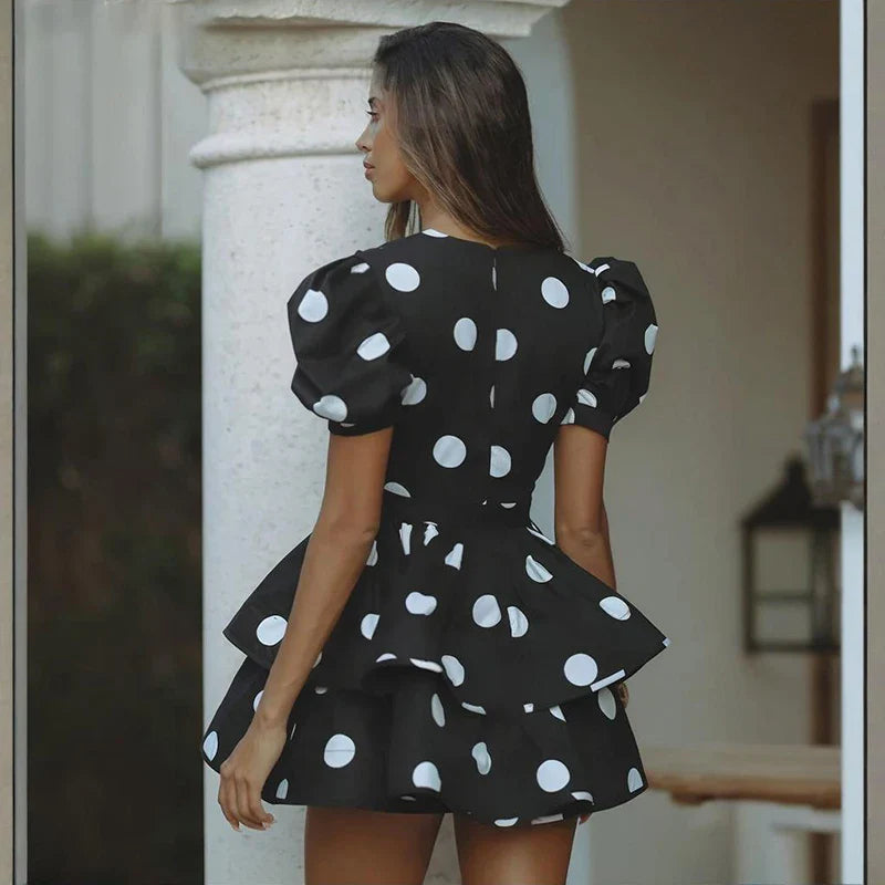 Deep V Neck Printed Puff Sleeve  A-Line Mini Dress