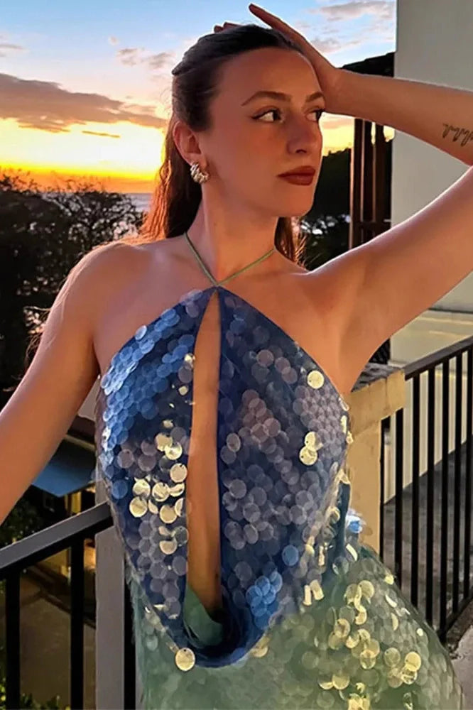 Hollow Out Patchwork Sleeveless Backless High Waist Mini Dress