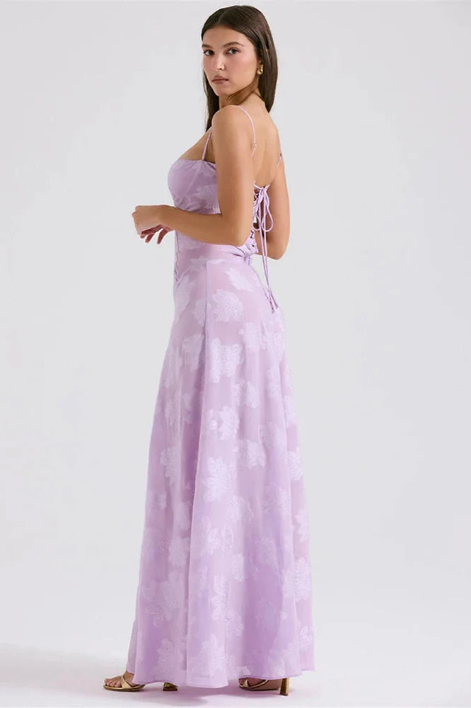 Elegant Print Spaghetti Strap Sleeveless Backless Maxi Dress