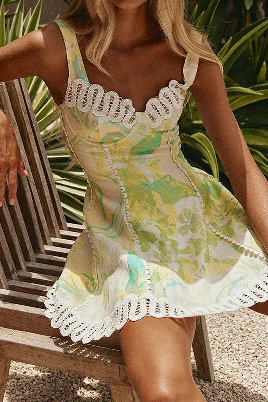 Printed Lace Sleeveless High Waist A-Line Pleated Mini Dress