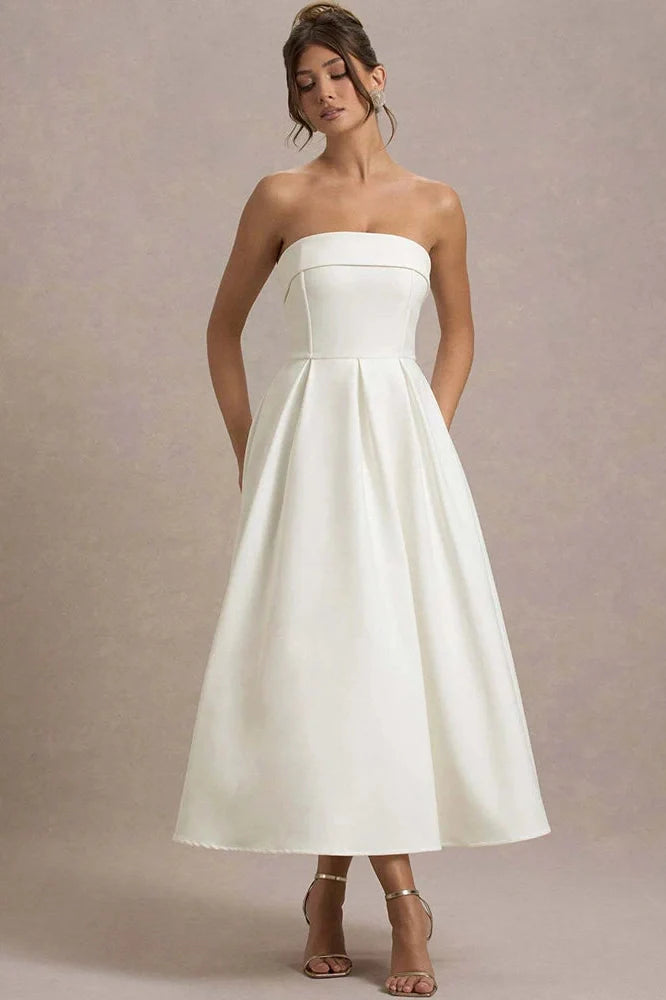Off-Shoulder Strapless Sleeveless Backless High Waist A-Line Midi Dress