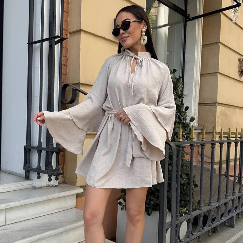 Elegant V-Neck Lace Up Pleated Mini Dress