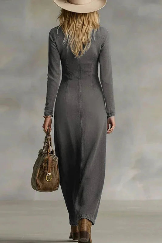V-Neck Long Sleeve Single Breasted Slim Maxi Dress