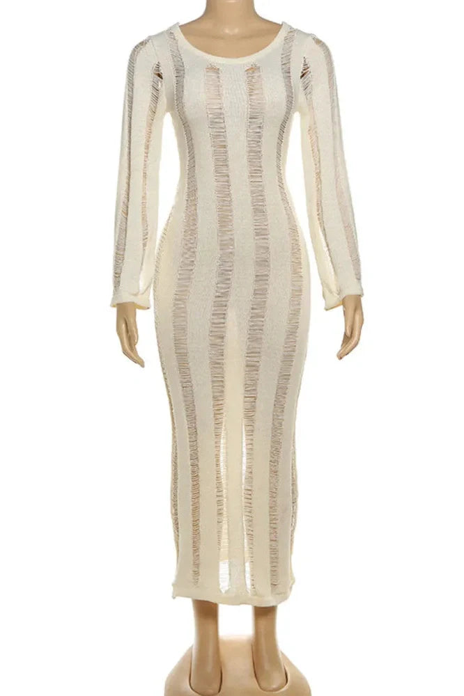 Hollow Out Backless Long Sleeve Knit Bodycon Maxi Dress