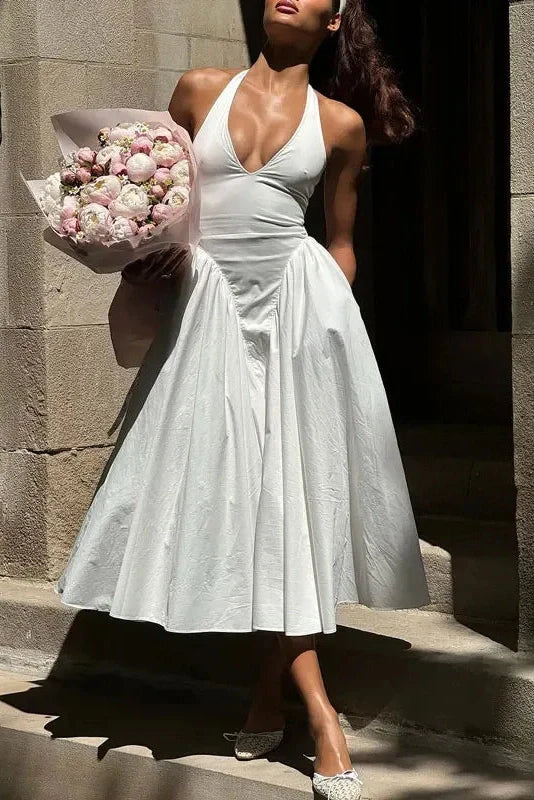 Deep V Neck High Waist Backless Midi Dress