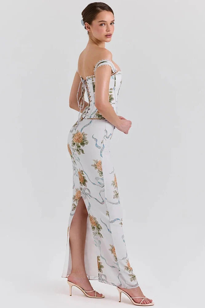 Printed Off-Shoulder Sleeveless Backless Bodycon Maxi Dress