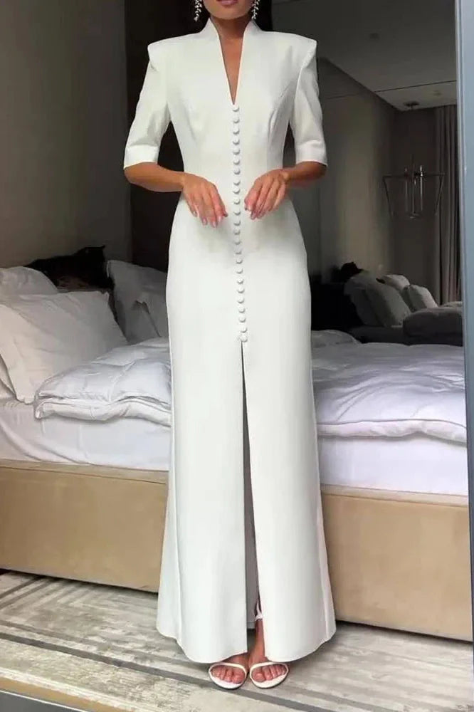 Slim Half Sleeve High Waist Split V-Neck Single Breasted Maxi Dress