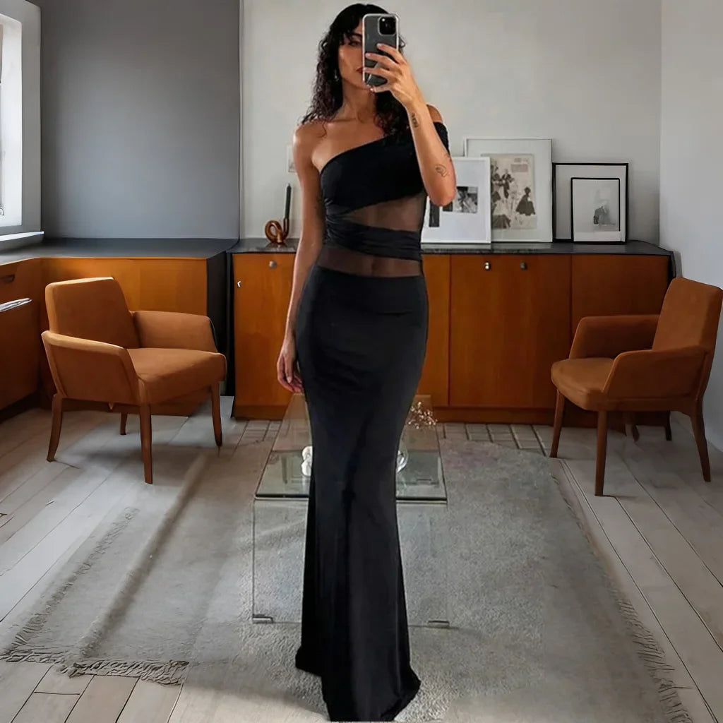 See Through Patchwork Off Shoulder Sleeveless Maxi Dress