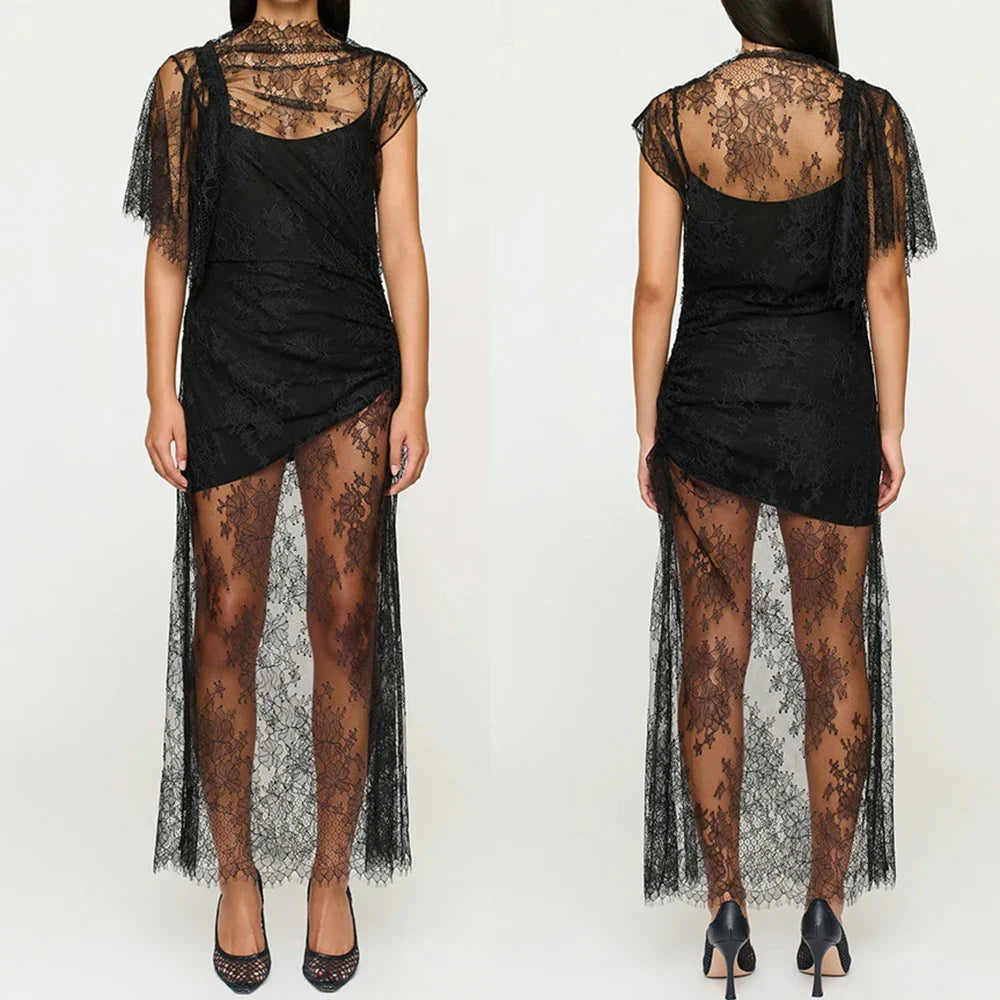 Elegant See Through Lace Patchwork Backless Midi Dress