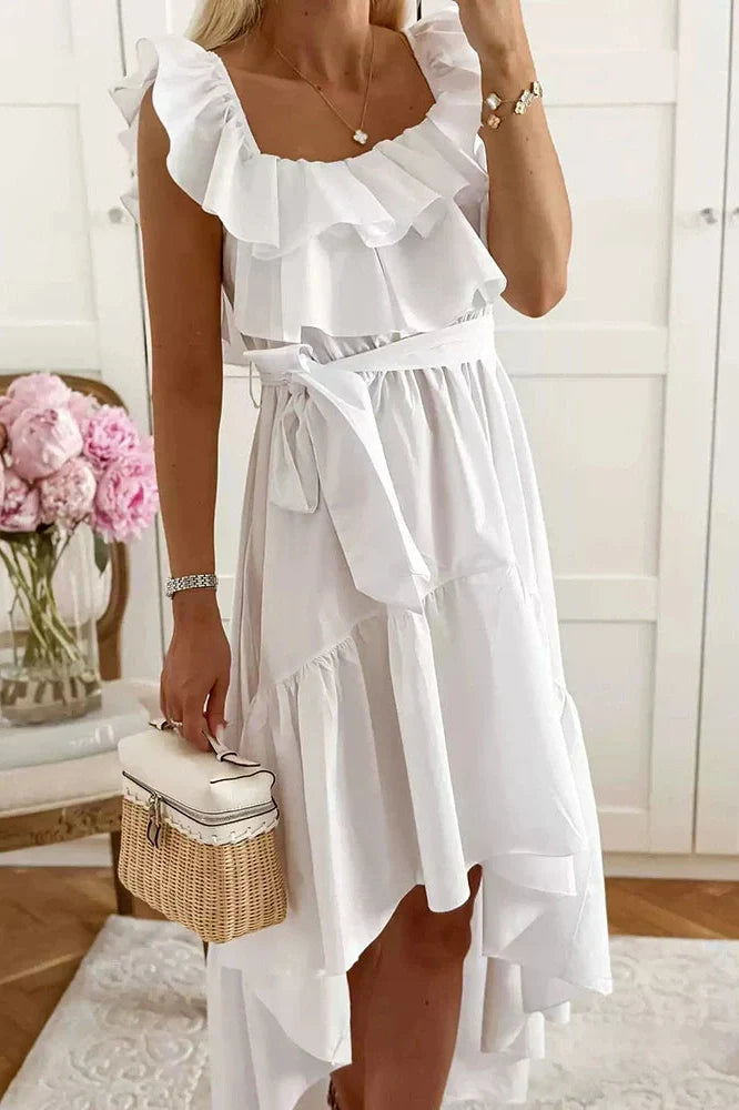 Lace Up U Collar Sleeveless High Waist Irregular Maxi Dress
