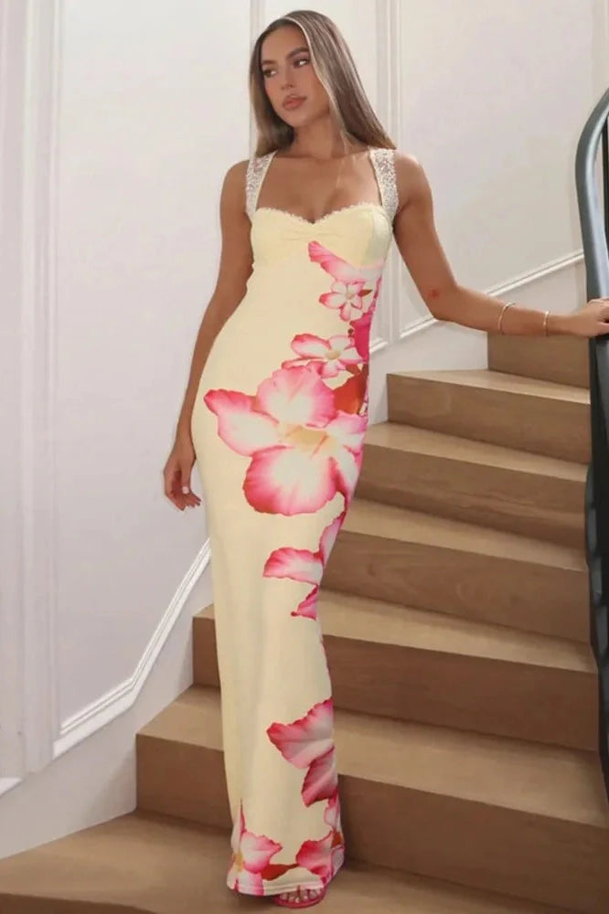 Lace Printed Square Collar Sleeveless Lace-Up Bodycon Maxi Dress
