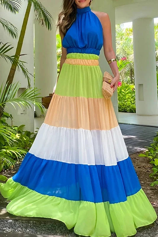 Hollow Out High Waist Pleated Sleeveless Maxi Dress