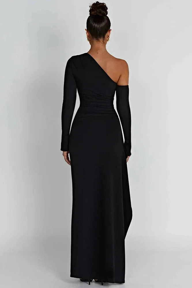 Oblique Shoulder Long Sleeve Backless High Split Maxi Dress