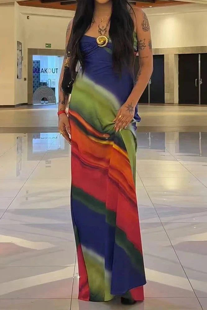 Elegant Printed Sleeveless Slim V-Neck Backless Maxi Dress