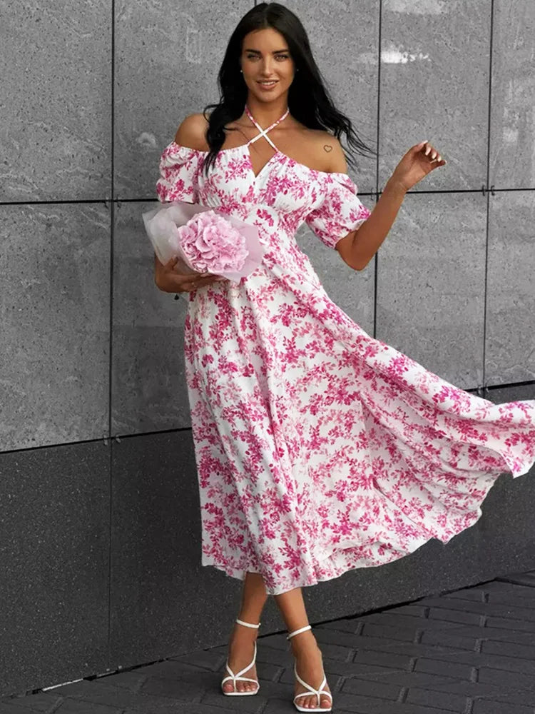 Off Shoulder Lace Up Patchwork Print Maxi Dress