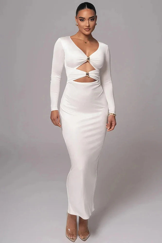 Long Sleeve V Neck Back Split Bodycon Maxi Dress