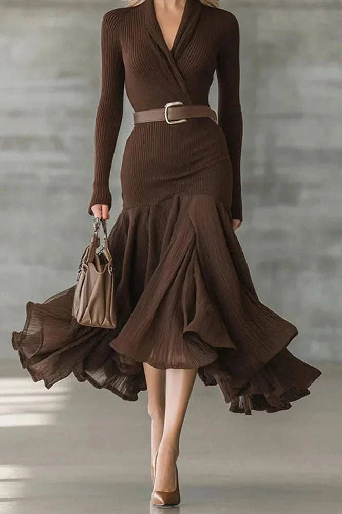 Elegant Pleated V-Neck Long Sleeve Midi Dress