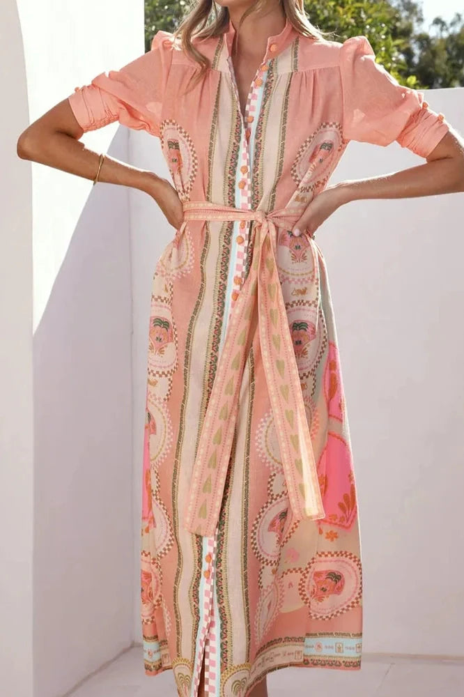 Elegant Lace Up High Waist Printed Short Sleeve Pleated Midi Dress
