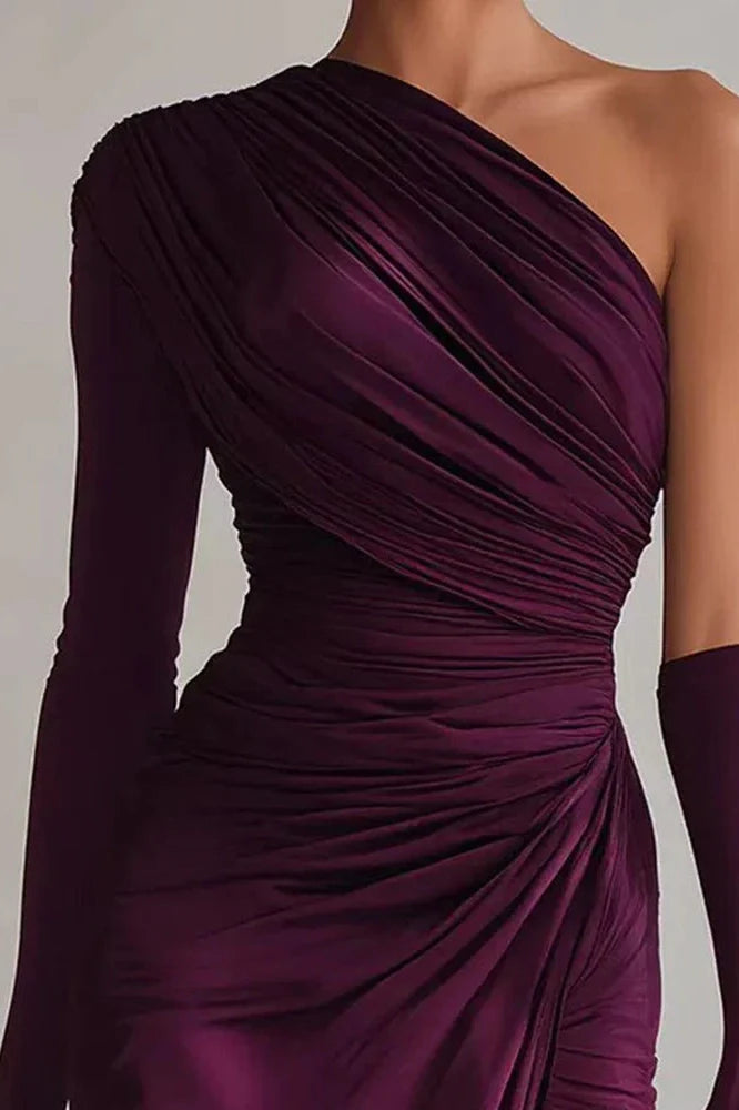Elegant One-Shoulder High Waist Pleated Slim Slash Collar Maxi Dress