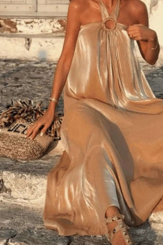 Elegant High Waist Sleeveless Loose Pleated Off-Shoulder Maxi Dress