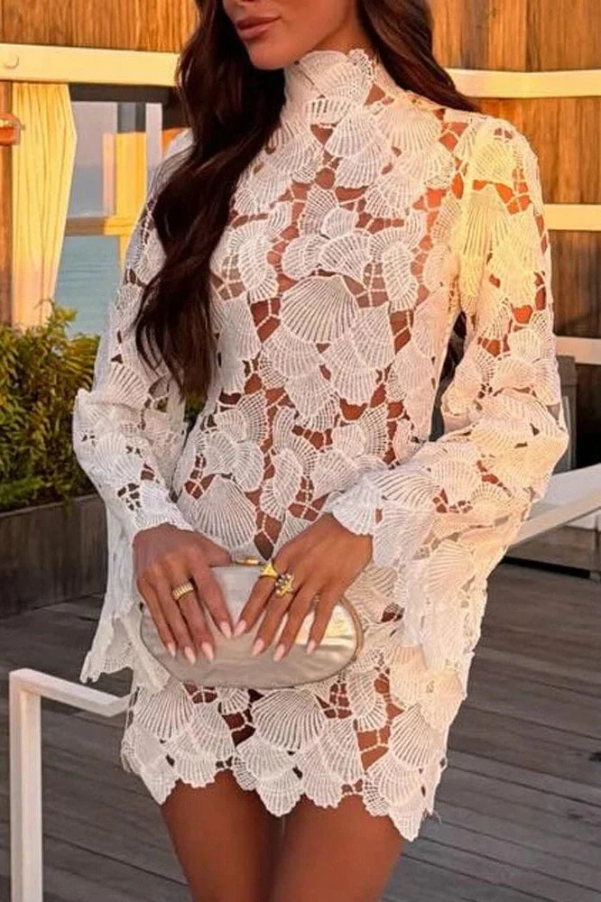 Lace Hollow Out High Waist Turtleneck Long Sleeve Mini Dress