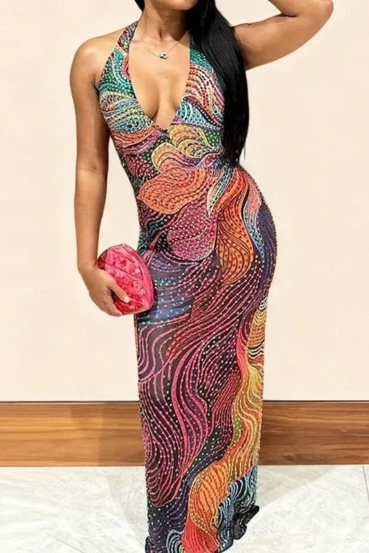 Printed Slim High Waist Sleeveless V-Neck Maxi Dress