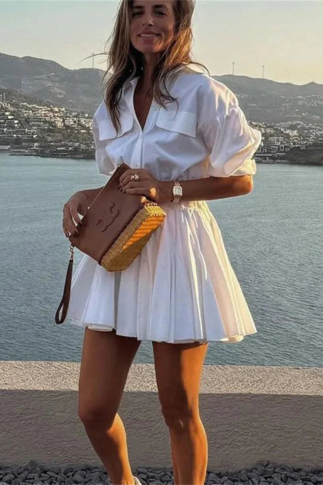 Pleated Patchwork Slim Short Sleeve High Waist Mini Dress