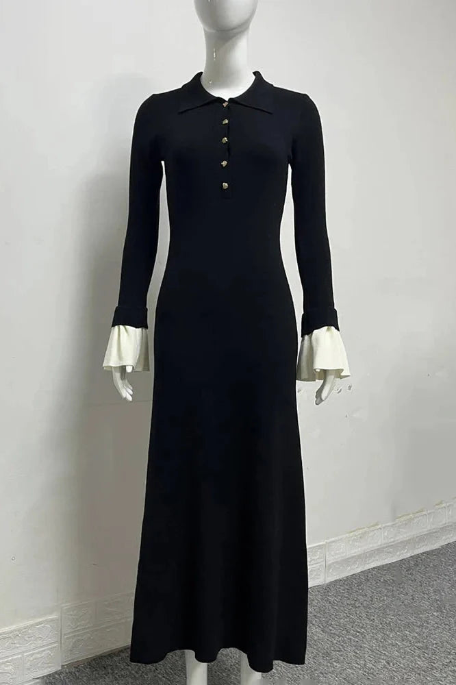 Elegant Flare Sleeve Knitted High Waist Button Maxi Dress