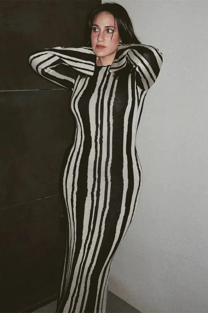 Striped Slim High Waist Maxi Dress