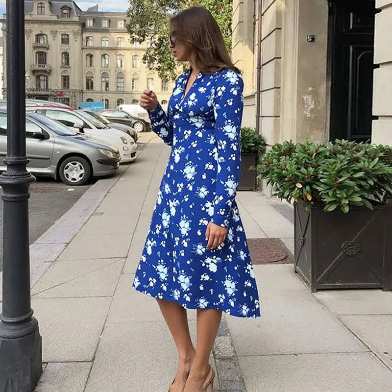 V Neck Printed Long Sleeve High Waist Maxi Dress