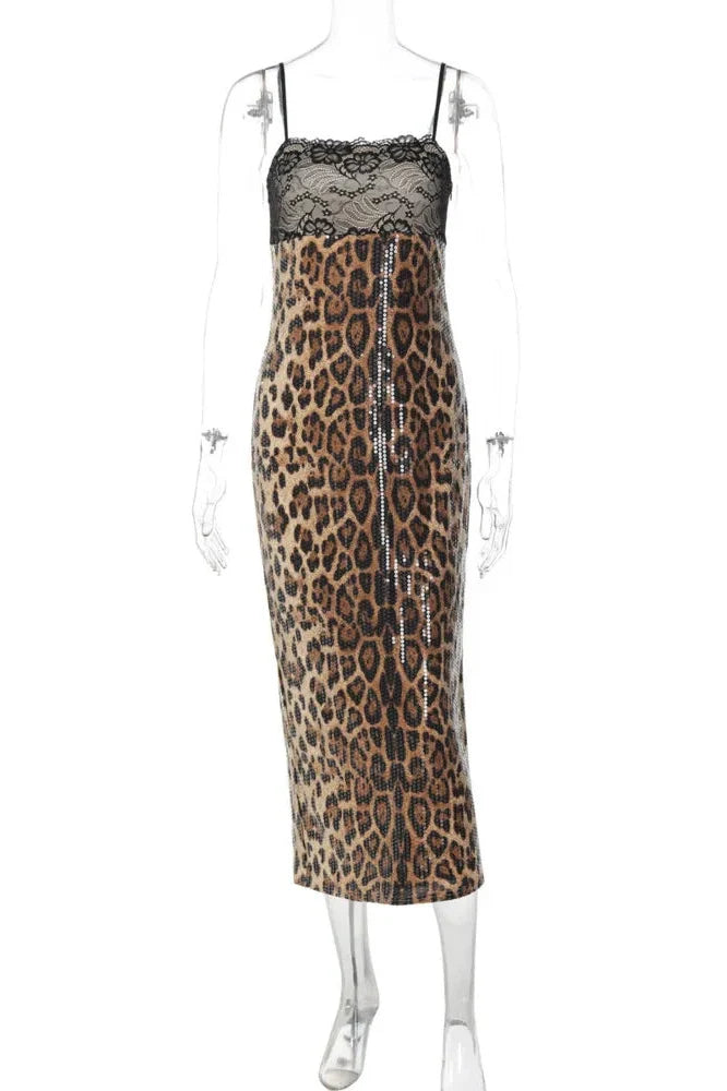 Leopard Print Spaghetti Strap Sleeveless Backless Bodycon Midi Dress