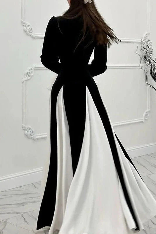 Flared Sleeve Patchwork High Waist O Neck Maxi Dress