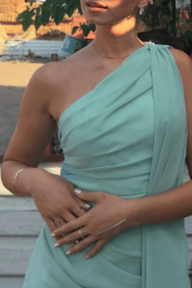 Hollow Out One Shoulder High Waist Sleeveless Slim Pleated Maxi Dress