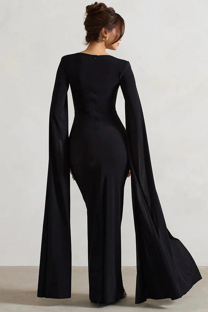 Long Cape Sleeve Square Collar Maxi Dress