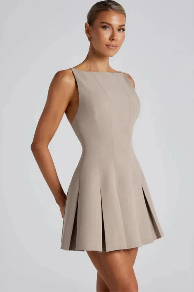 Backless High Waist A-line Spaghetti Strap Sleeveless Pleated Mini Dress
