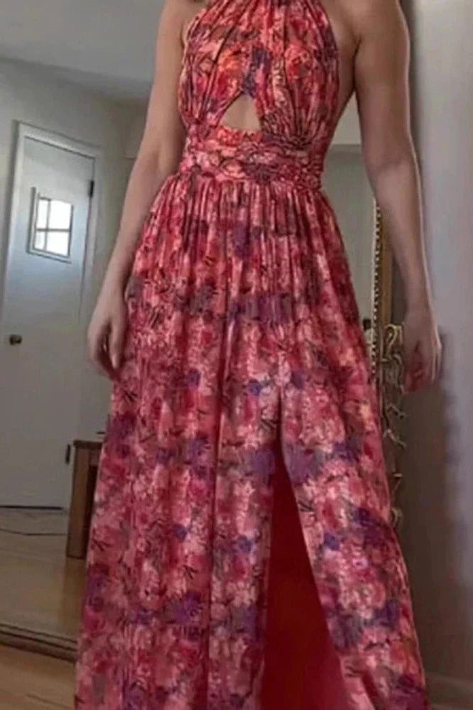 Hollow Out Sleeveless High Waist Pleated Printed Maxi Dress