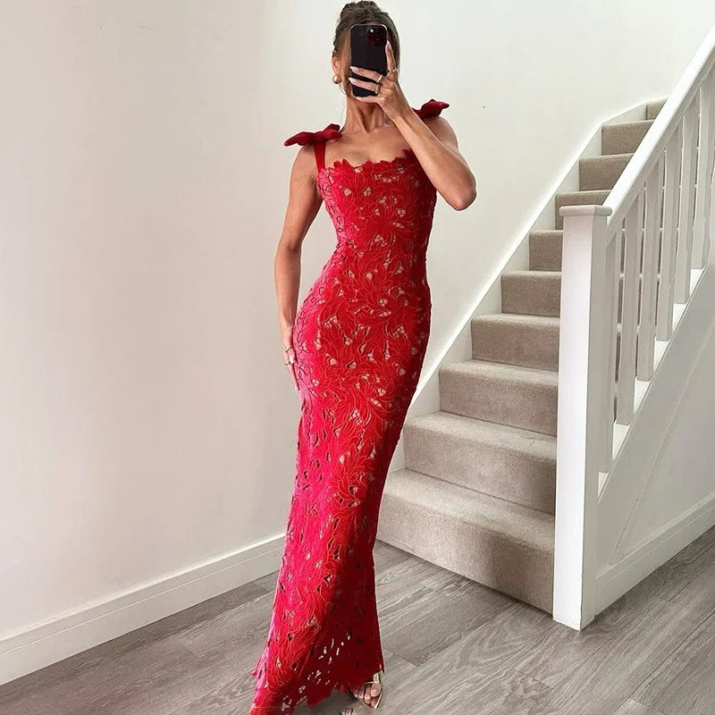 Patchwork Lace-Up Backless Maxi Dress