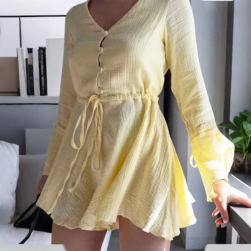 V Neck Lace-Up Patchwork Mini Dress