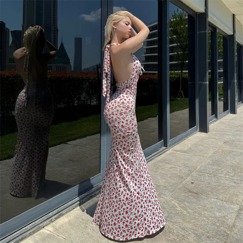 Printed Sleeveless Backless Slit Maxi Dress