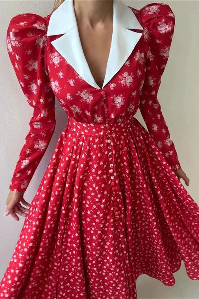 Printed V-Neck Patchwork Long Sleeve High Waist Midi Dress
