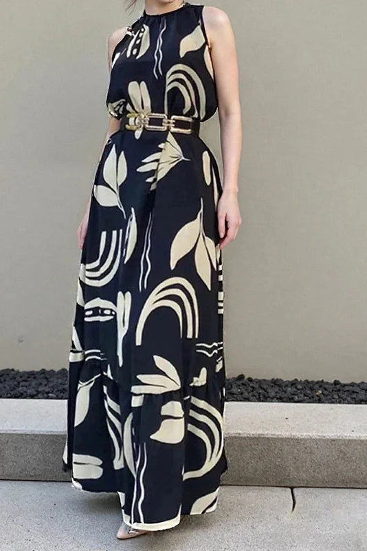 O-Neck Sleeveless Pleated High Waist Printed Maxi Dress